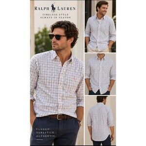 Preppy classic slim Fit Men's Plaid Button-Down Shirt L White/Blue/Tan Stretch